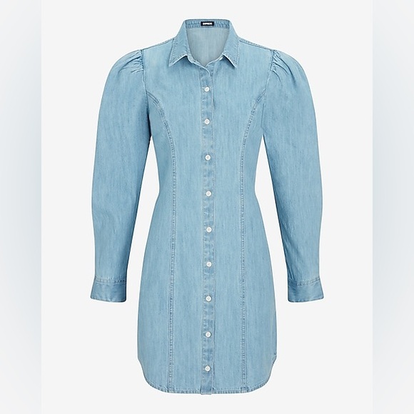 🔆 Express Denim Puff Sleeve Button Front Mini Shirt Dress, Size XS - Picture 1 of 3